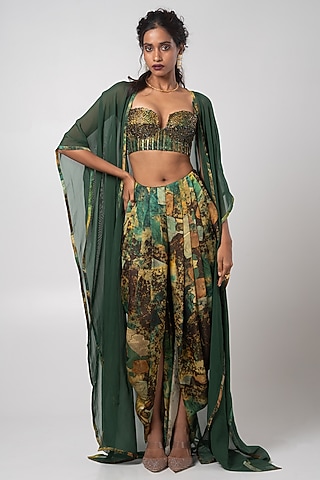 Deep Green Organza Cape Set by Advait