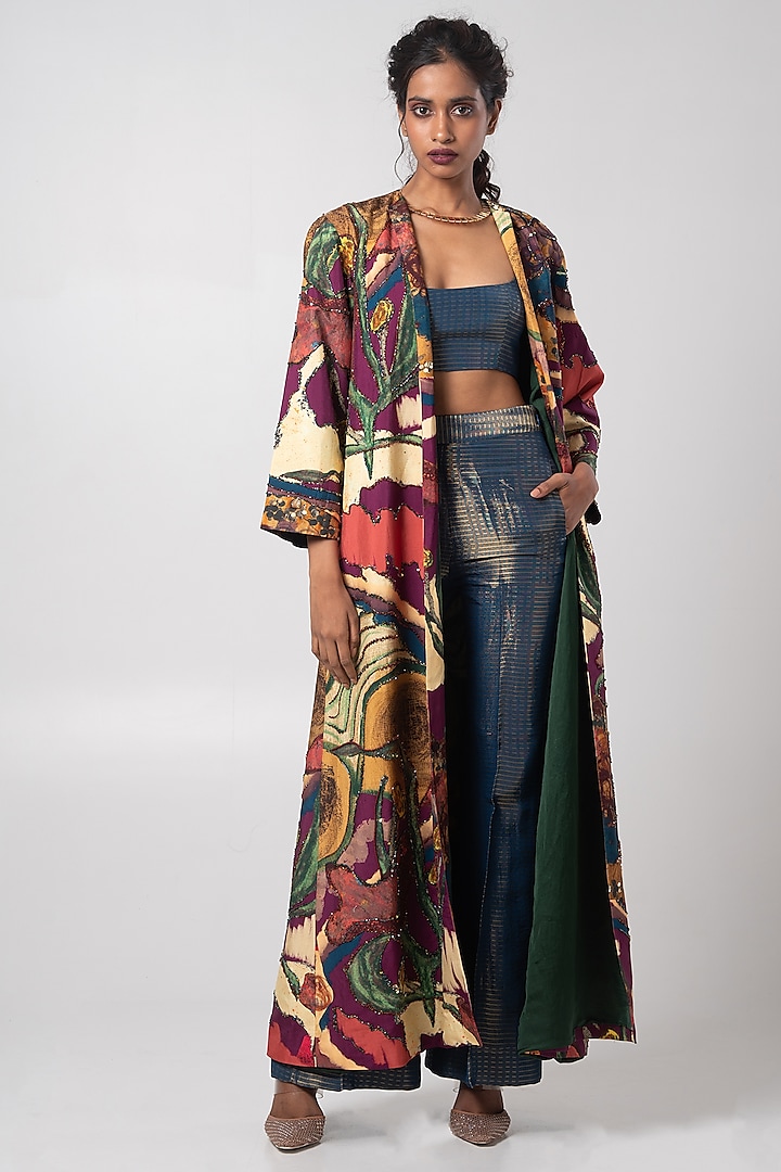 Multi-Colored Habutai Hand Embroidered Trench Jacket by Advait at Pernia's Pop Up Shop