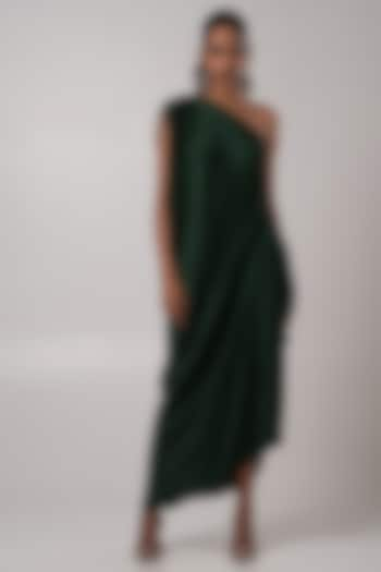 Deep Green Linen Satin Draped One-Shoulder Dress by Advait at Pernia's Pop Up Shop