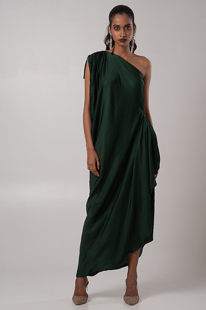 Deep Green Linen Satin Draped One-Shoulder Dress by Advait at Pernia's Pop Up Shop