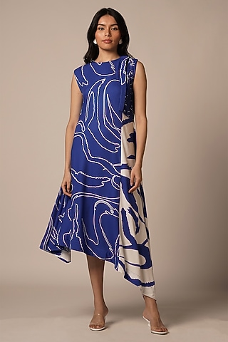 Blue & Multi-Colored Rayon Twill Color Blocked Midi Dress by Advait