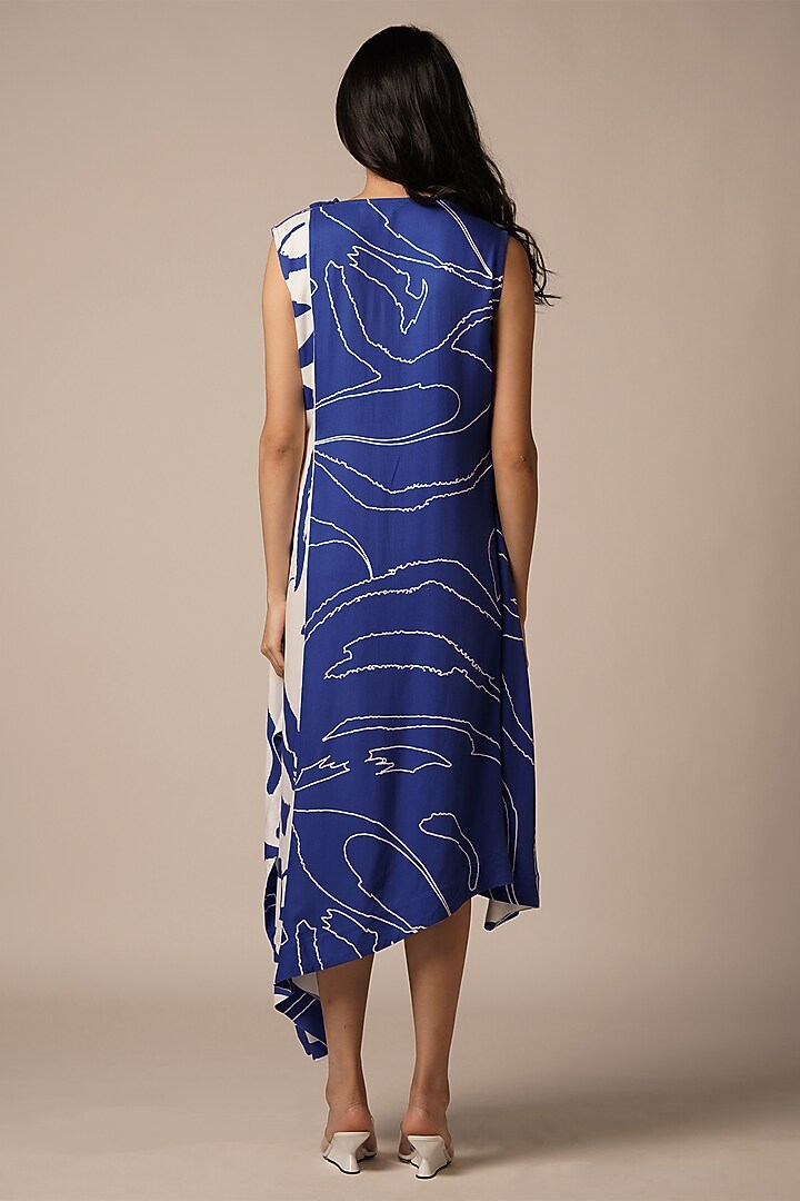 Blue & Multi-Colored Rayon Twill Color Blocked Midi Summer Dress by Advait at Pernia's Pop Up Shop