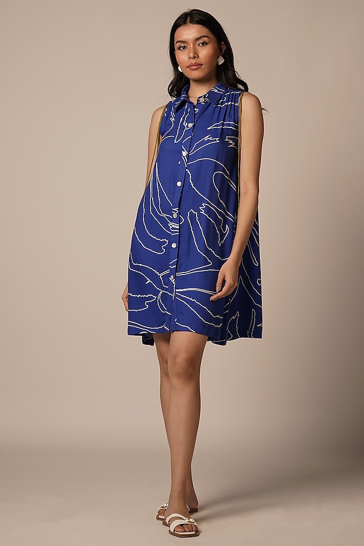 Blue & Multi-Colored Rayon Twill Mini Dress by Advait at Pernia's Pop Up Shop