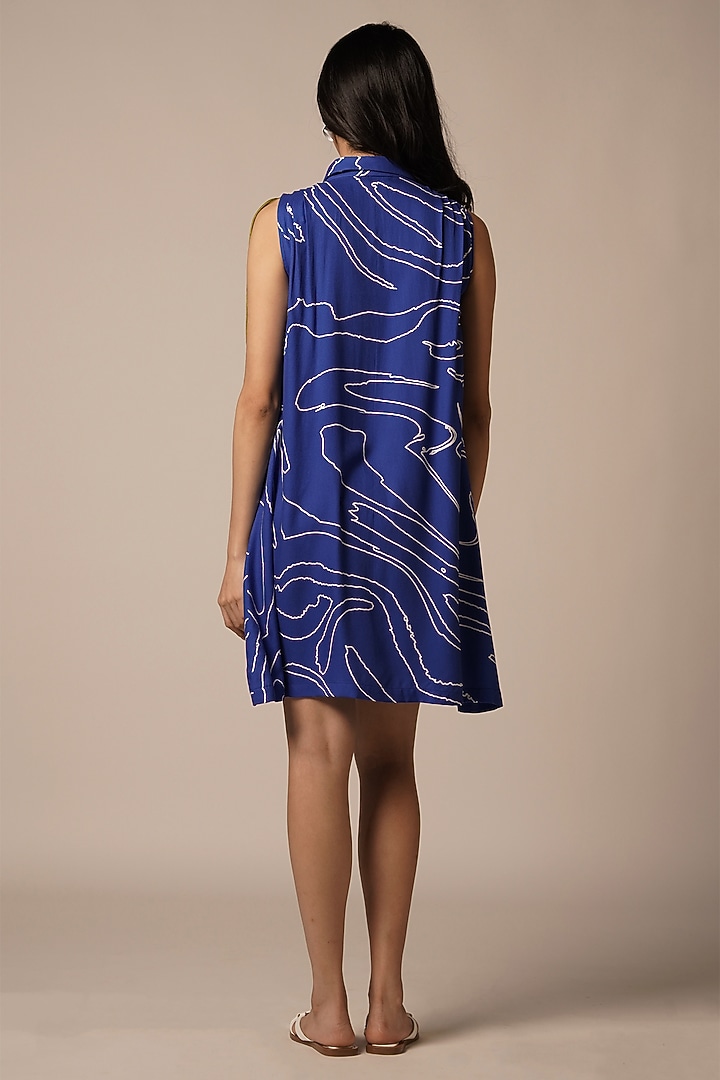 Blue & Multi-Colored Rayon Twill Mini Summer Dress by Advait at Pernia's Pop Up Shop