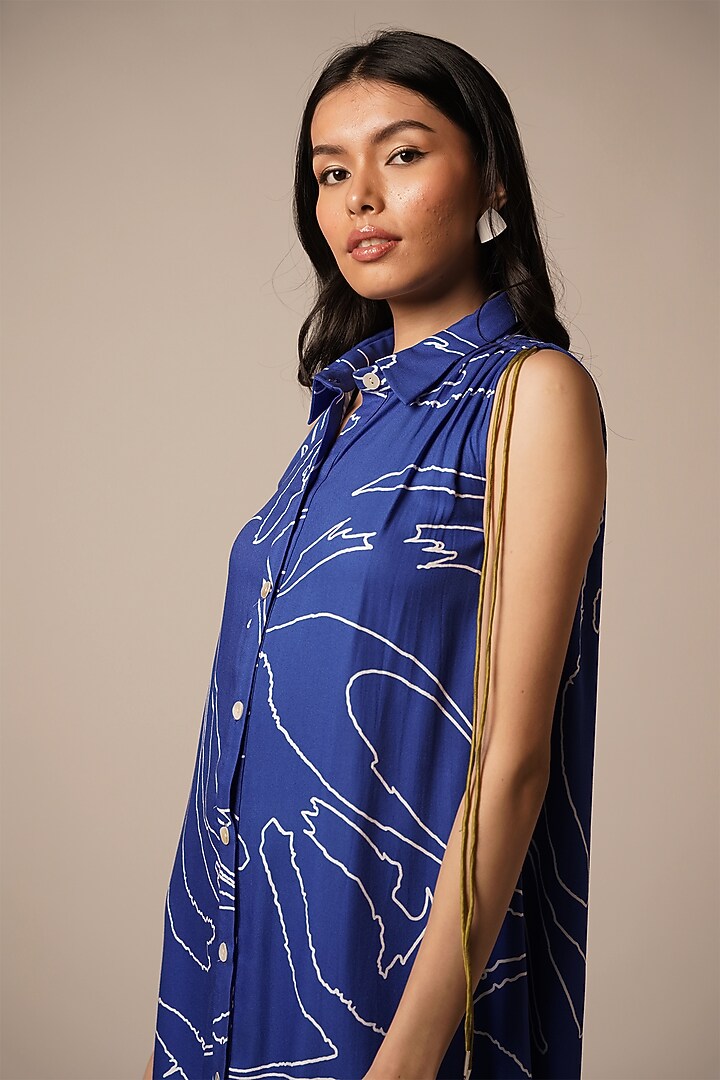 Blue & Multi-Colored Rayon Twill Mini Summer Dress by Advait at Pernia's Pop Up Shop