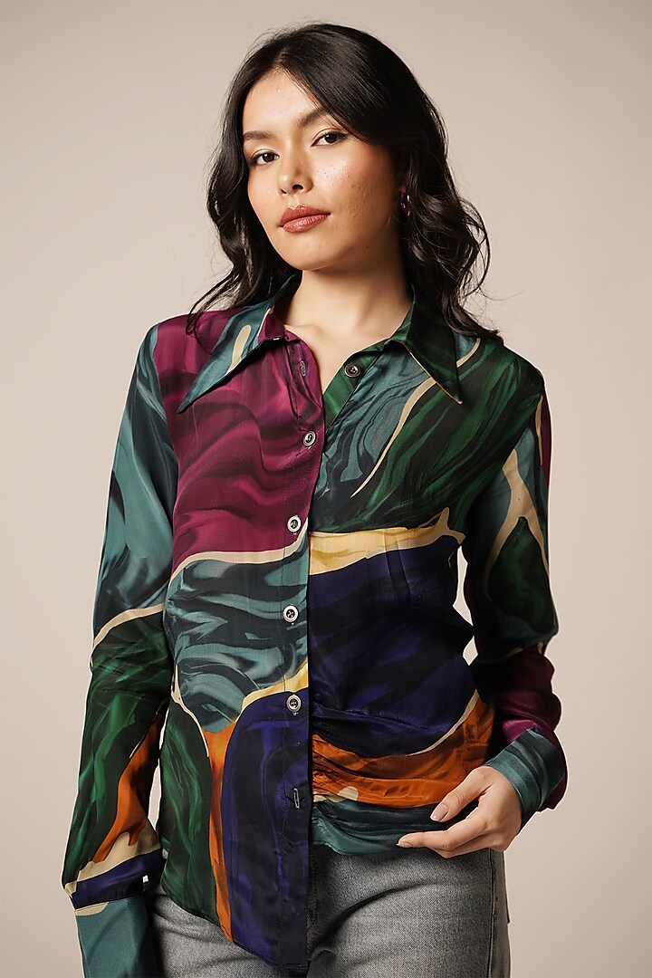 Multi-Colored Natural Crepe High-Low Shirt by Advait at Pernia's Pop Up Shop