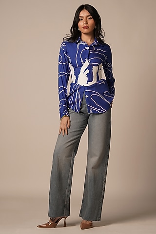 Blue & Multi-Colored Rayon Twill Corset Top by Advait