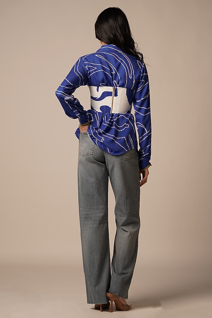 Blue & Multi-Colored Rayon Twill Corset Top by Advait at Pernia's Pop Up Shop
