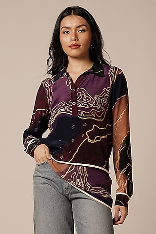 Multi-Colored Natural Crepe Asymmetric Shirt by Advait