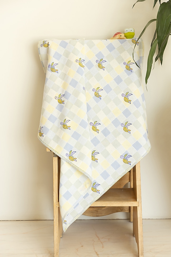 Blue & Yellow Cotton Cool Turtle Hand Block Printed Baby Towel by Adya Kids