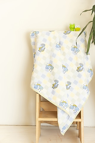 Blue Cotton Clouds & Dino Hand Block Printed Baby Towel by Adya Kids