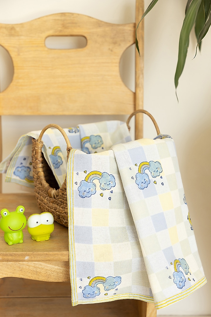Blue Cotton Clouds & Dino Hand Block Printed Baby Towel by Adya Kids at Pernia's Pop Up Shop