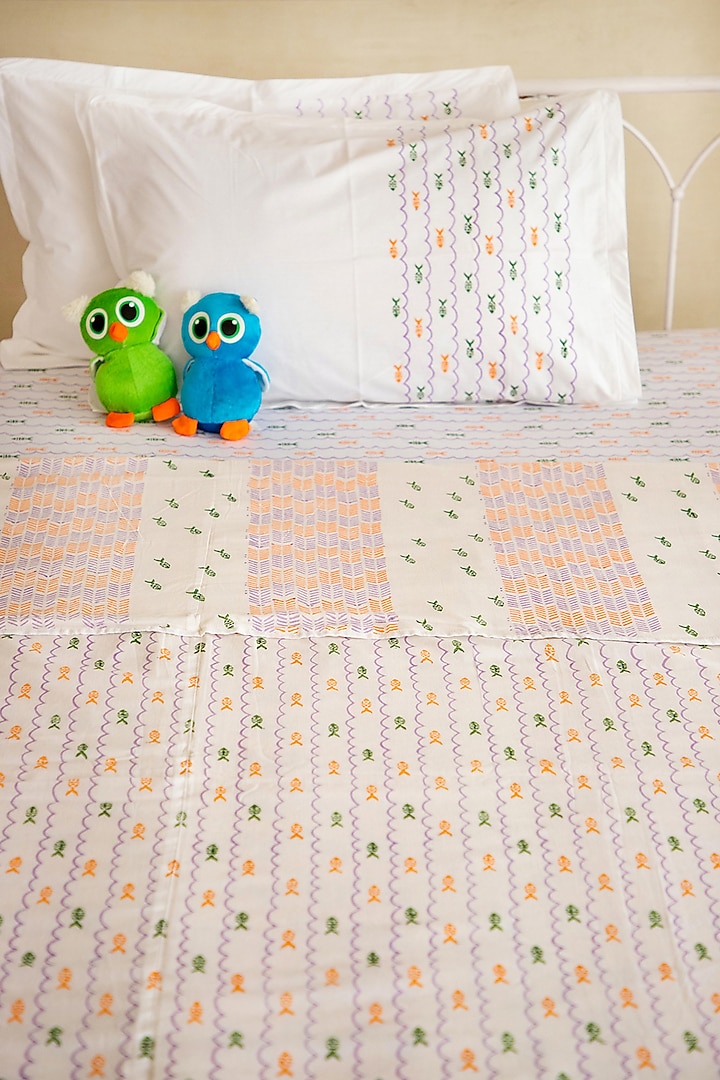 Coral & Green Percale Cotton Fish Hand Block Printed Kids Bedsheet (Set of 3) by Adya Kids