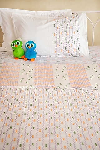 Coral & Green Percale Cotton Fish Hand Block Printed Kids Bedsheet (Set of 3) by Adya Kids
