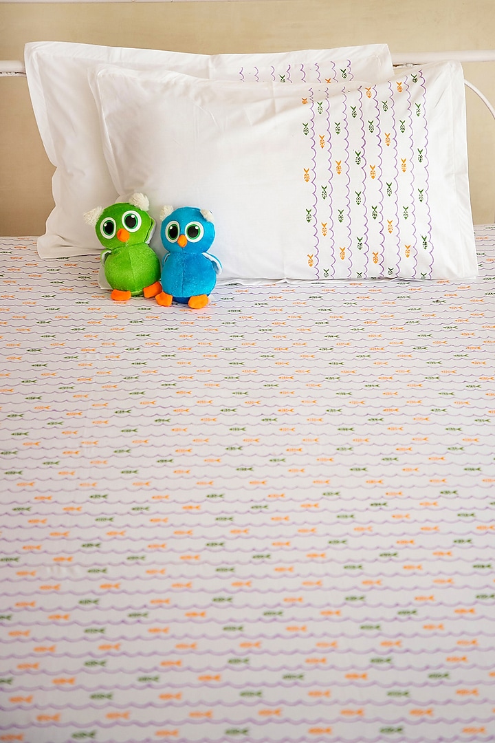 Coral & Green Percale Cotton Fish Hand Block Printed Kids Bedsheet (Set of 3) by Adya Kids at Pernia's Pop Up Shop