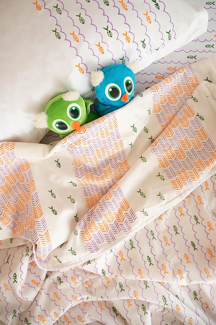Coral & Green Percale Cotton Fish Hand Block Printed Kids Bedsheet (Set of 3) by Adya Kids at Pernia's Pop Up Shop