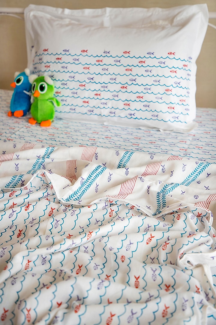 Pigeon Blue Percale Cotton Fish Hand Block Printed Kids Bed Sheet (Set of 3) by Adya Kids