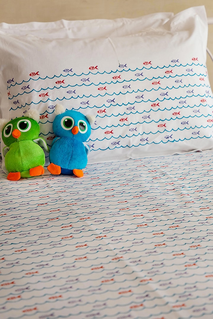 Pigeon Blue Percale Cotton Fish Hand Block Printed Kids Bed Sheet (Set of 3) by Adya Kids at Pernia's Pop Up Shop