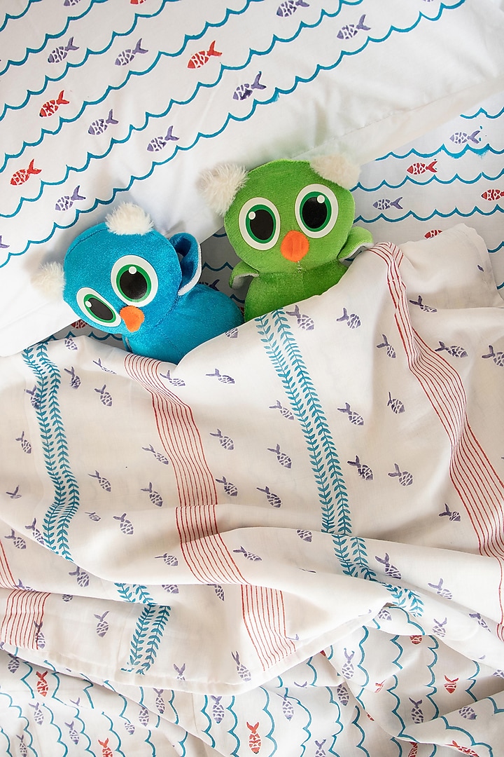 Pigeon Blue Percale Cotton Fish Hand Block Printed Kids Bed Sheet (Set of 3) by Adya Kids at Pernia's Pop Up Shop