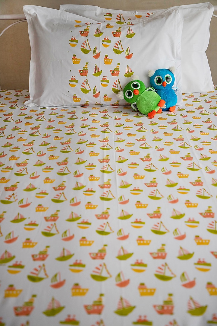 Lime & Orange Percale Cotton Ship Hand Block Printed Kids Bedsheet (Set of 3) by Adya Kids