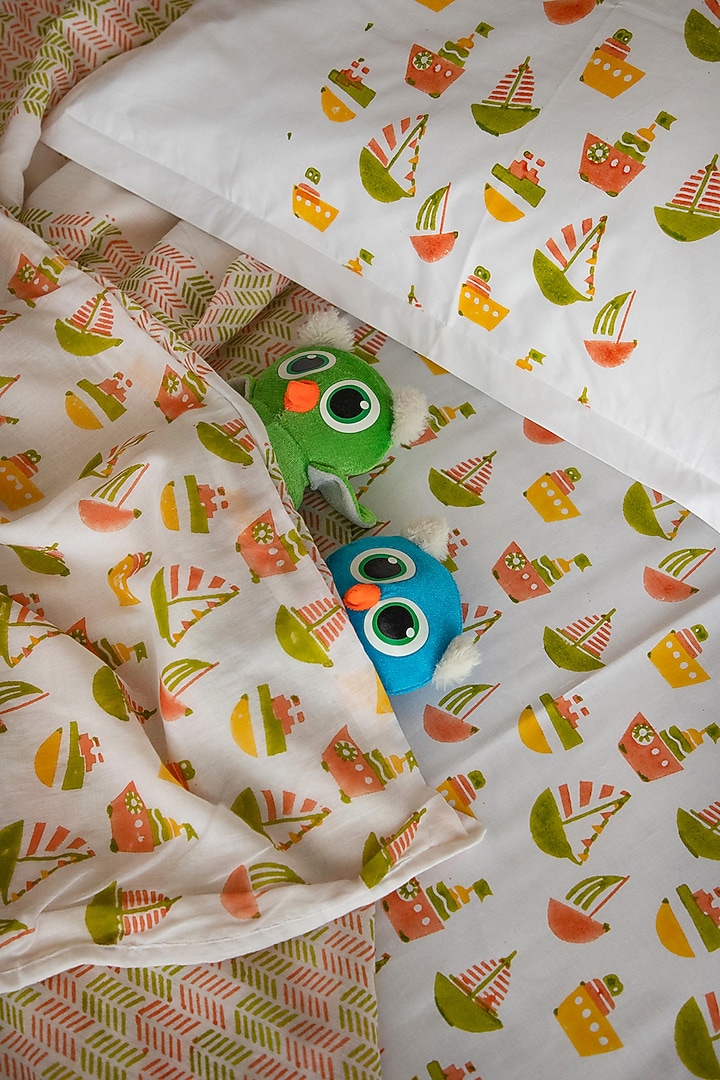 Lime & Orange Percale Cotton Ship Hand Block Printed Kids Bedsheet (Set of 3) by Adya Kids at Pernia's Pop Up Shop