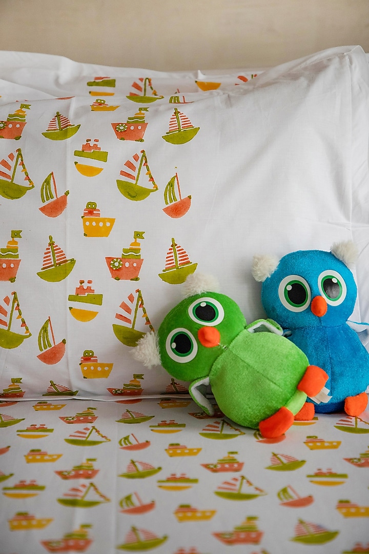 Lime & Orange Percale Cotton Ship Hand Block Printed Kids Bedsheet (Set of 3) by Adya Kids at Pernia's Pop Up Shop