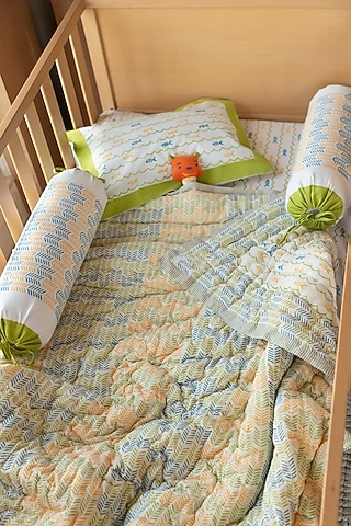 White Muslin Pure Cotton Funky Fish Hand Block Printed Baby Quilt by Adya Kids