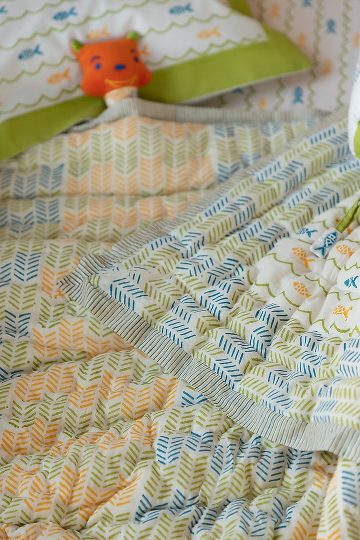 White Muslin Pure Cotton Funky Fish Hand Block Printed Baby Quilt by Adya Kids at Pernia's Pop Up Shop
