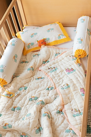 White Muslin Pure Cotton Unicorn Hand Block Printed Baby Quilt by Adya Kids