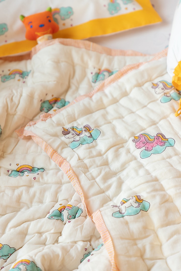 White Muslin Pure Cotton Unicorn Hand Block Printed Baby Quilt by Adya Kids at Pernia's Pop Up Shop