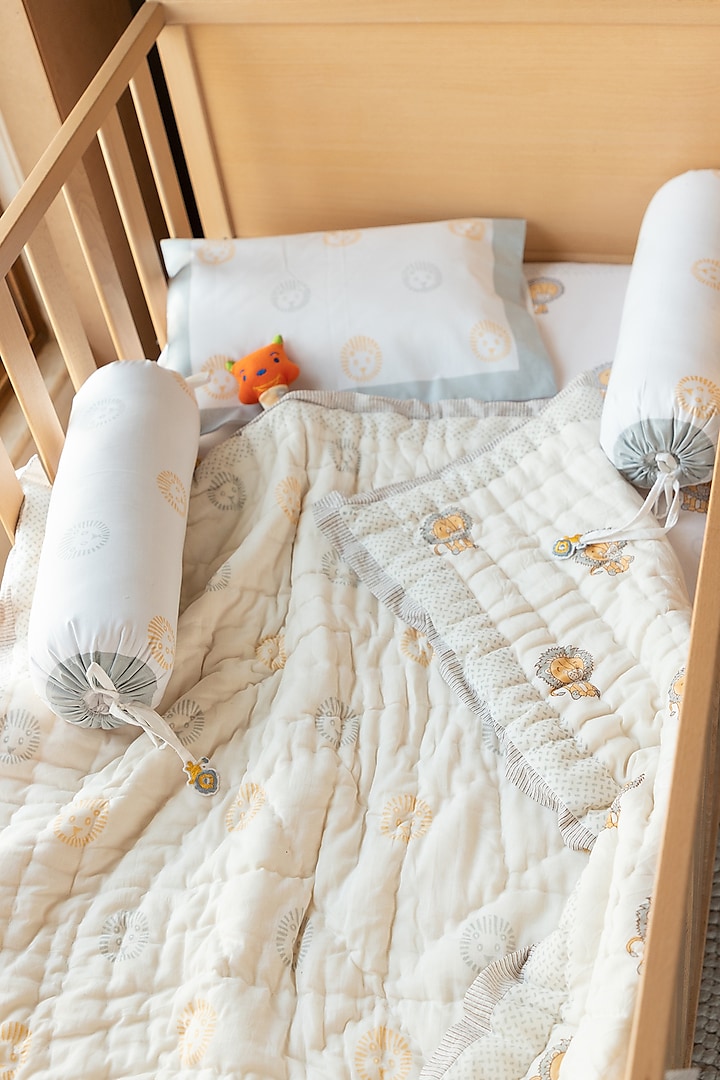 White Muslin Pure Cotton Lion King Hand Block Printed Baby Quilt by Adya Kids