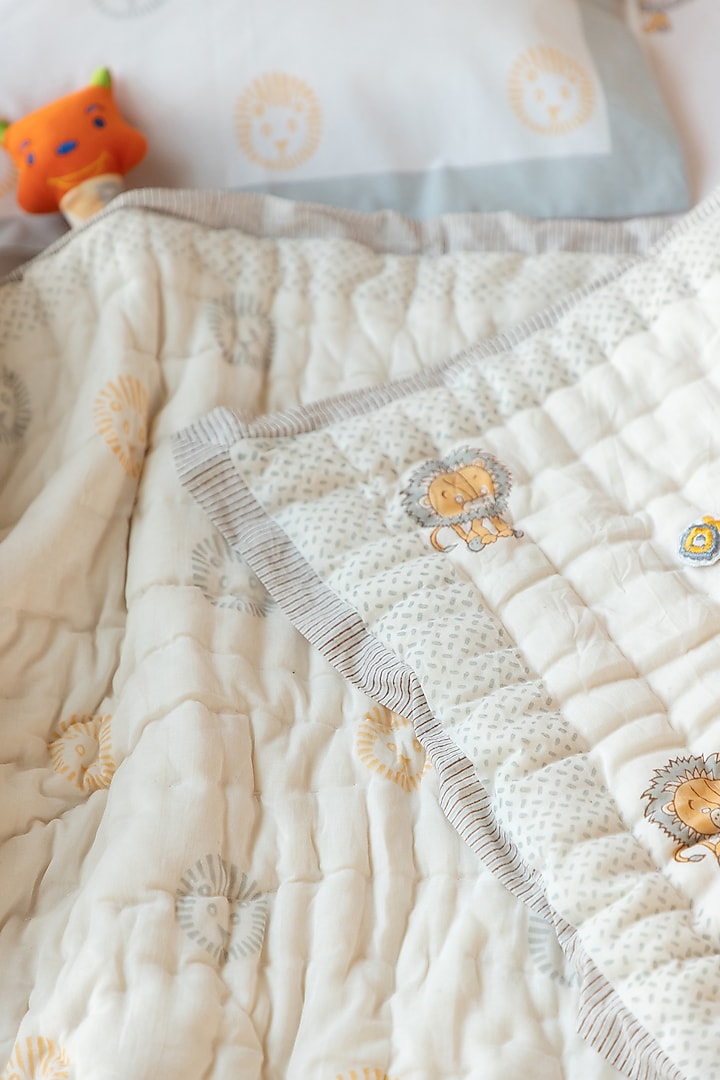 White Muslin Pure Cotton Lion King Hand Block Printed Baby Quilt by Adya Kids at Pernia's Pop Up Shop