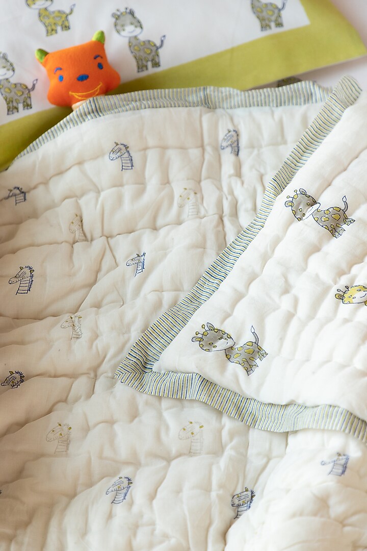White Muslin Pure Cotton World Of Giraffe Hand Block Printed Baby Quilt by Adya Kids at Pernia's Pop Up Shop