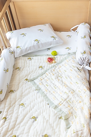 White Muslin Pure Cotton Tiny Turtle Hand Block Printed Baby Quilt by Adya Kids