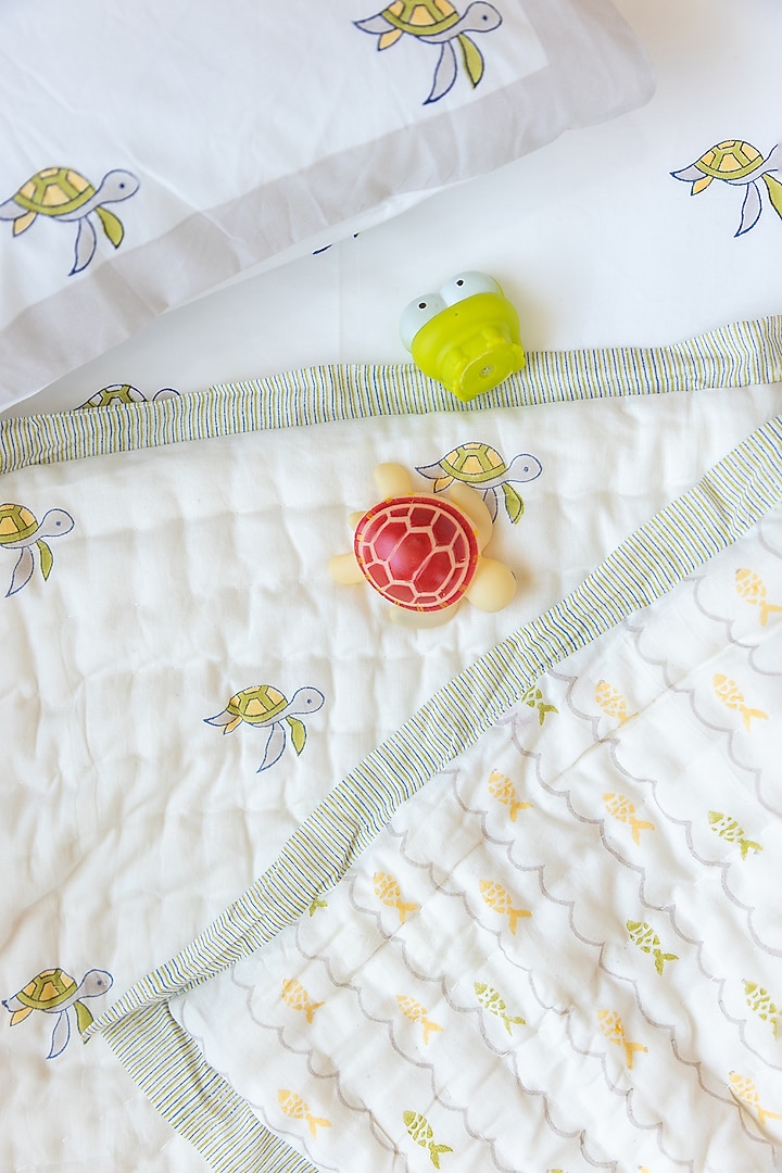 White Muslin Pure Cotton Tiny Turtle Hand Block Printed Baby Quilt by Adya Kids at Pernia's Pop Up Shop