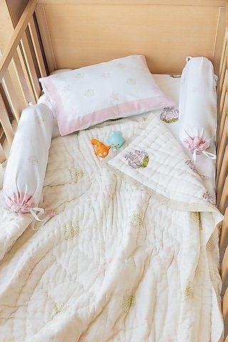 White Muslin Pure Cotton Turtle Hand Block Printed Baby Quilt by Adya Kids