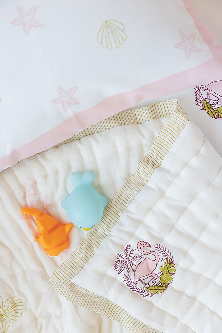 White Muslin Pure Cotton Turtle Hand Block Printed Baby Quilt by Adya Kids at Pernia's Pop Up Shop