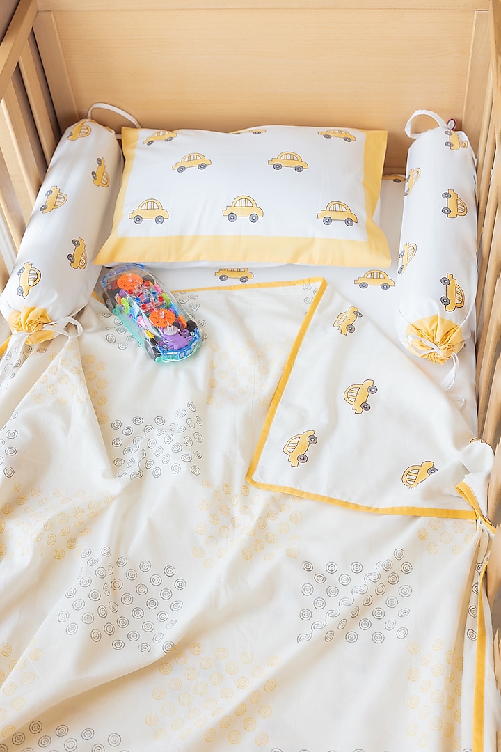 White Muslin Cotton Sunshine Car Hand Block Printed Baby Dohar by Adya Kids