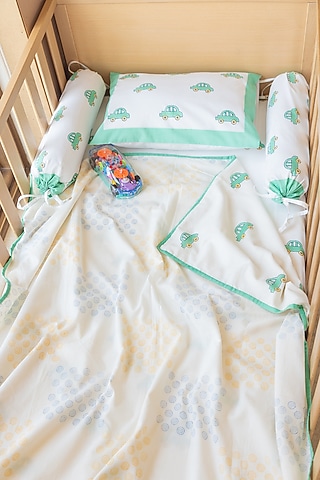 White Muslin Cotton Holiday Green Car Hand Block Printed Baby Dohar by Adya Kids