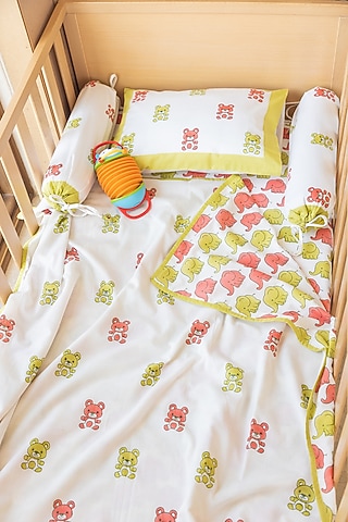 White Muslin Cotton Tiny Teddy Hand Block Printed Baby Dohar by Adya Kids