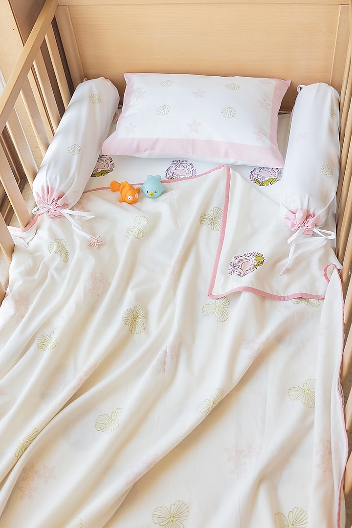 White Muslin Cotton Flamingo Hand Block Printed Baby Dohar by Adya Kids
