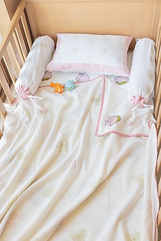 White Muslin Cotton Flamingo Hand Block Printed Baby Dohar by Adya Kids
