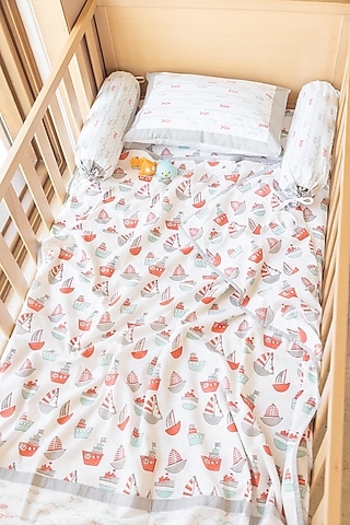 White Muslin Cotton Sailing Ship Hand Block Printed Baby Dohar by Adya Kids