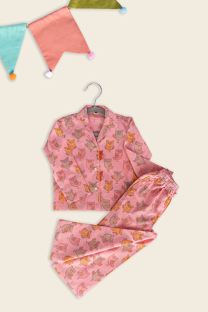Peach Cotton Block Printed Night Suit For Kids by Adya Kids