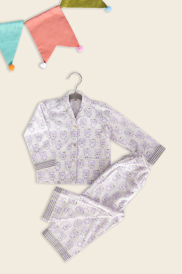 White Cotton Block Printed Night Suit For Kids by Adya Kids at Pernia's Pop Up Shop