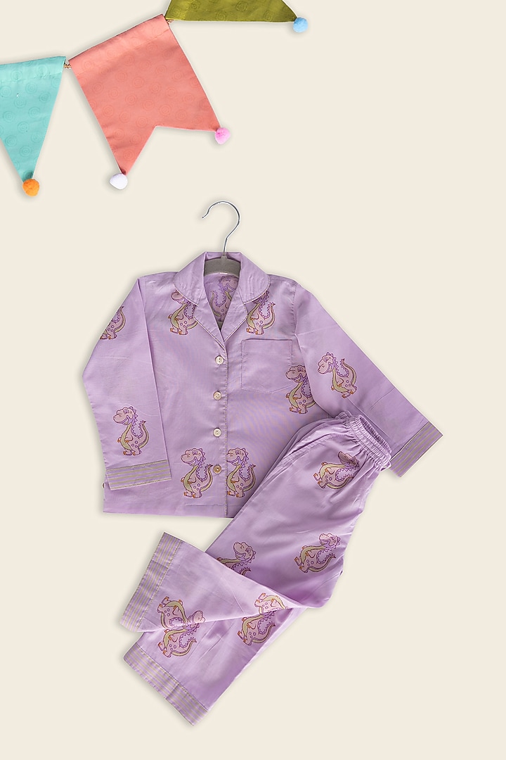 Purple Cotton Block Printed Night Suit For Kids by Adya Kids