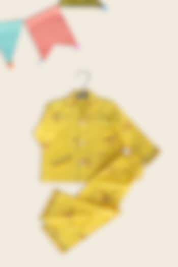 Yellow Cotton Block Printed Night Suit For Kids by Adya Kids