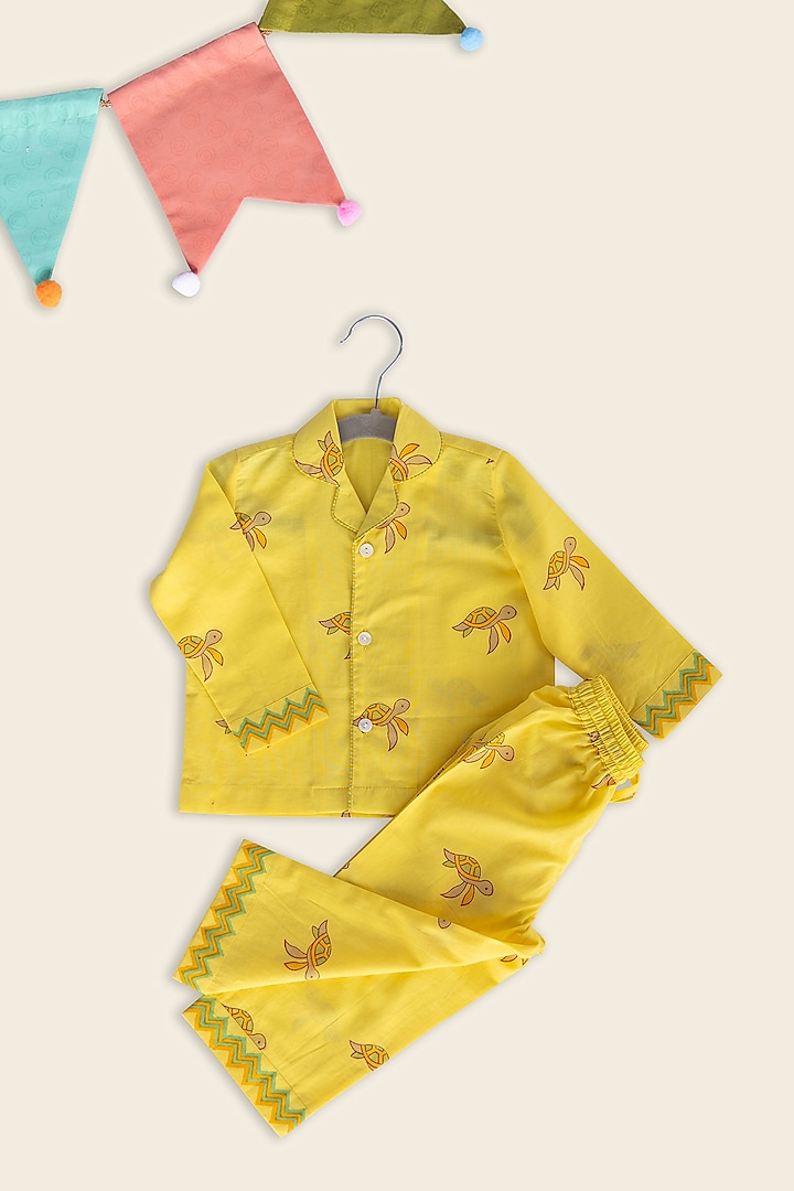 Yellow Cotton Block Printed Night Suit For Kids by Adya Kids