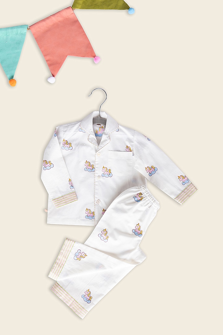 White Cotton Block Printed Night Suit For Kids by Adya Kids at Pernia's Pop Up Shop