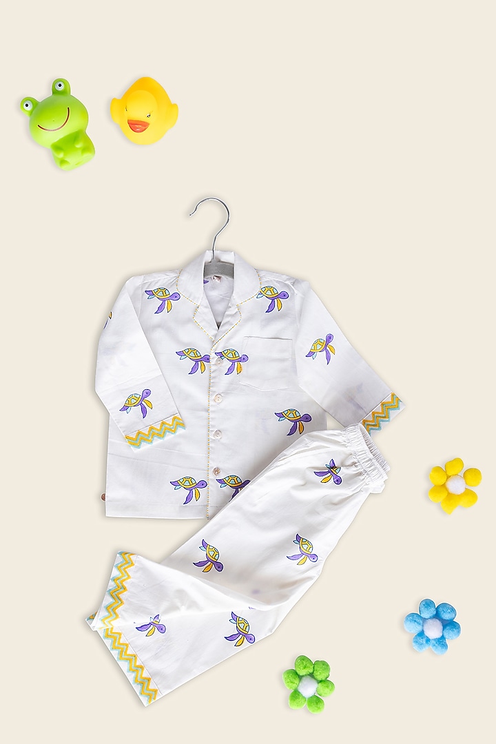 White Cotton Block Printed Night Suit For Kids by Adya Kids